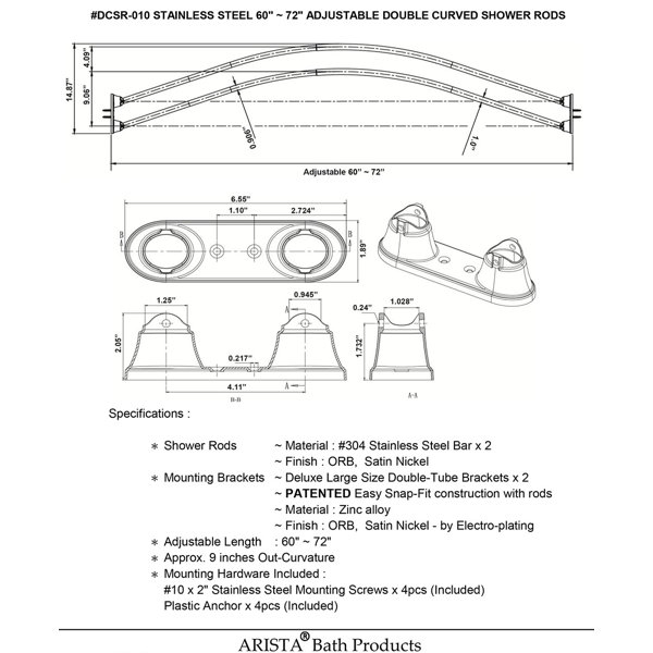 ARISTA Dual 72" Adjustable Curved Fixed Shower Curtain Rod & Reviews